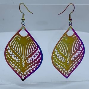 NWT. Handmade Shimmering Iridescent Rainbow Metal Dangle Earrings!
